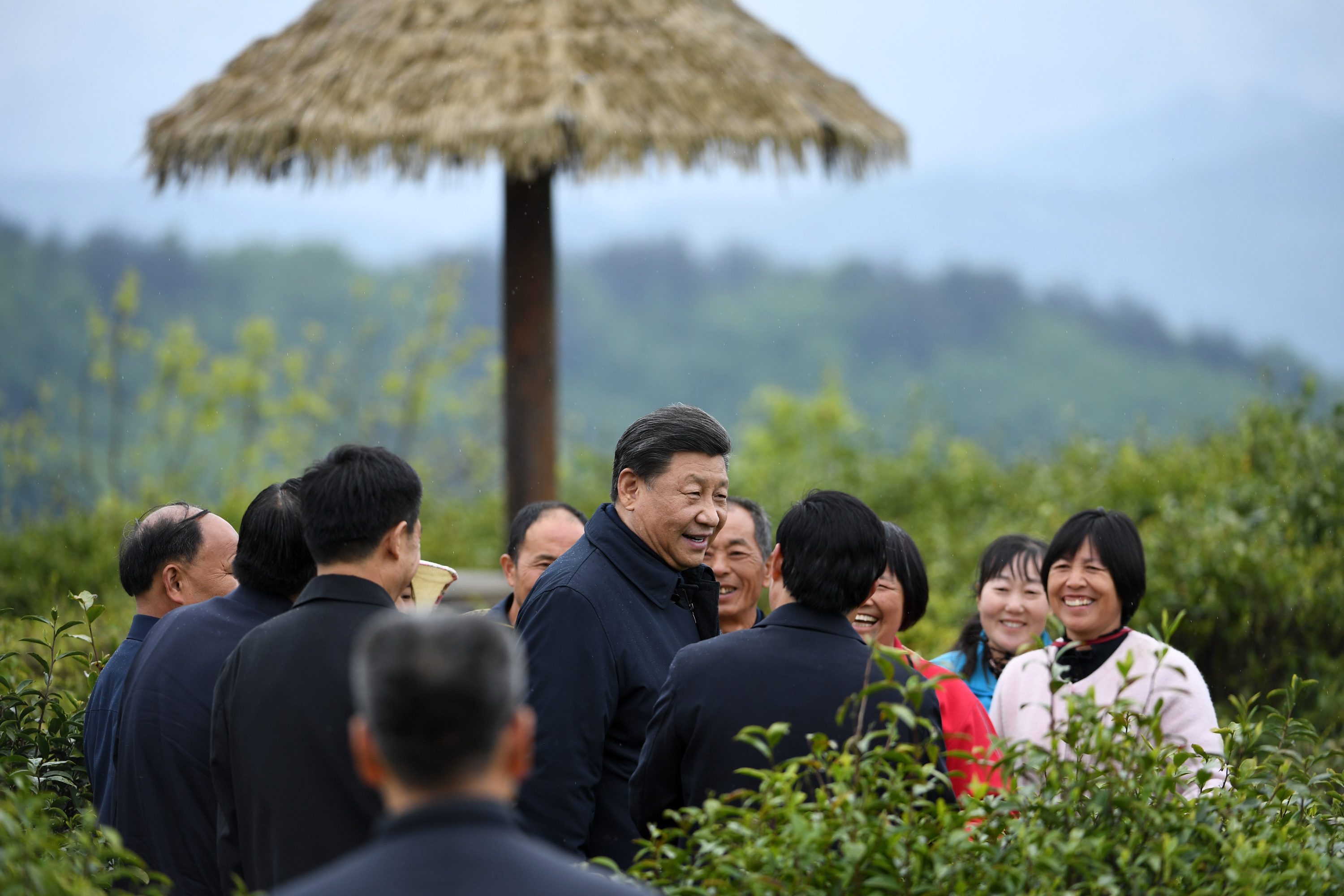 2020年4月21日，習(xí)近平在安康市平利縣老縣鎮(zhèn)蔣家坪村女媧鳳凰茶業(yè)現(xiàn)代示范園區(qū)，同茶農(nóng)們親切交談。
